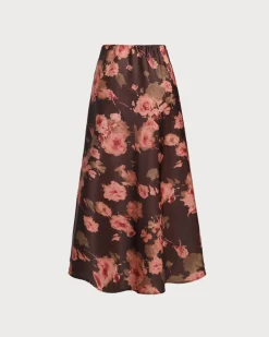 Brown Floral Straight Midi Skirt