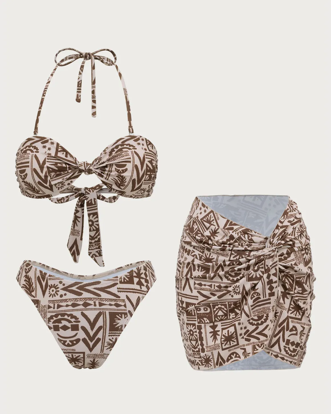 Brown Geometric Three-Piece Bikini Set