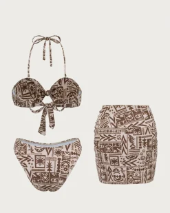 Brown Geometric Three-Piece Bikini Set
