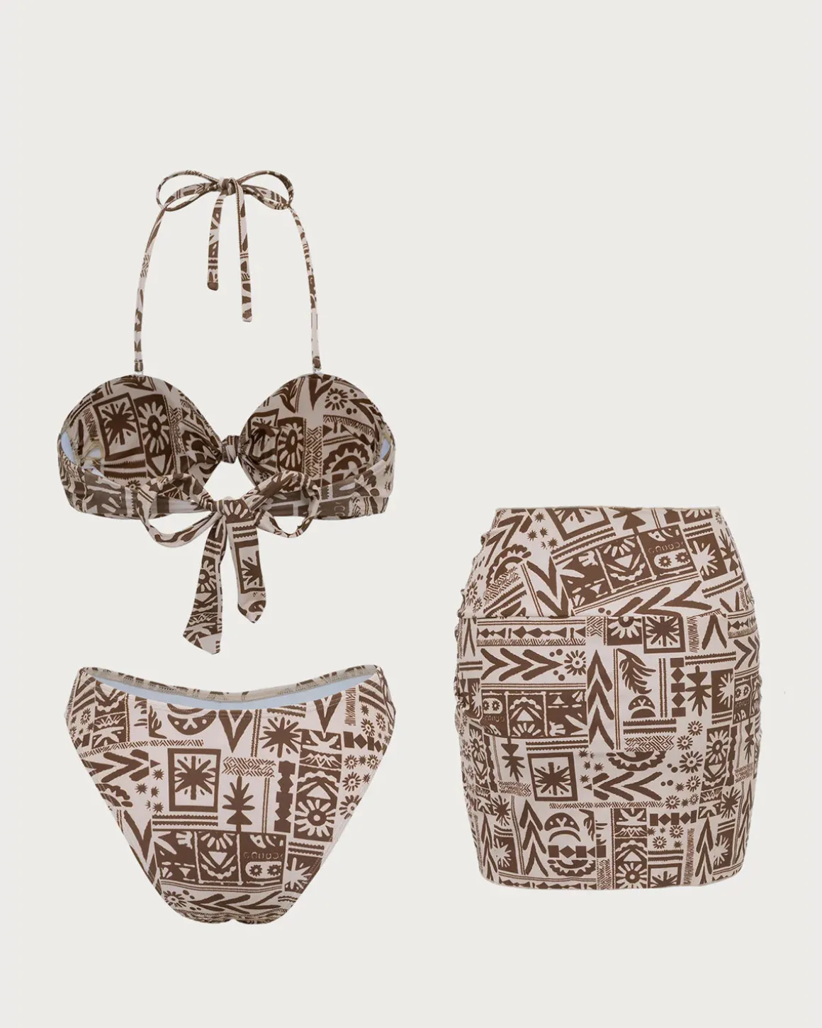 Brown Geometric Three-Piece Bikini Set