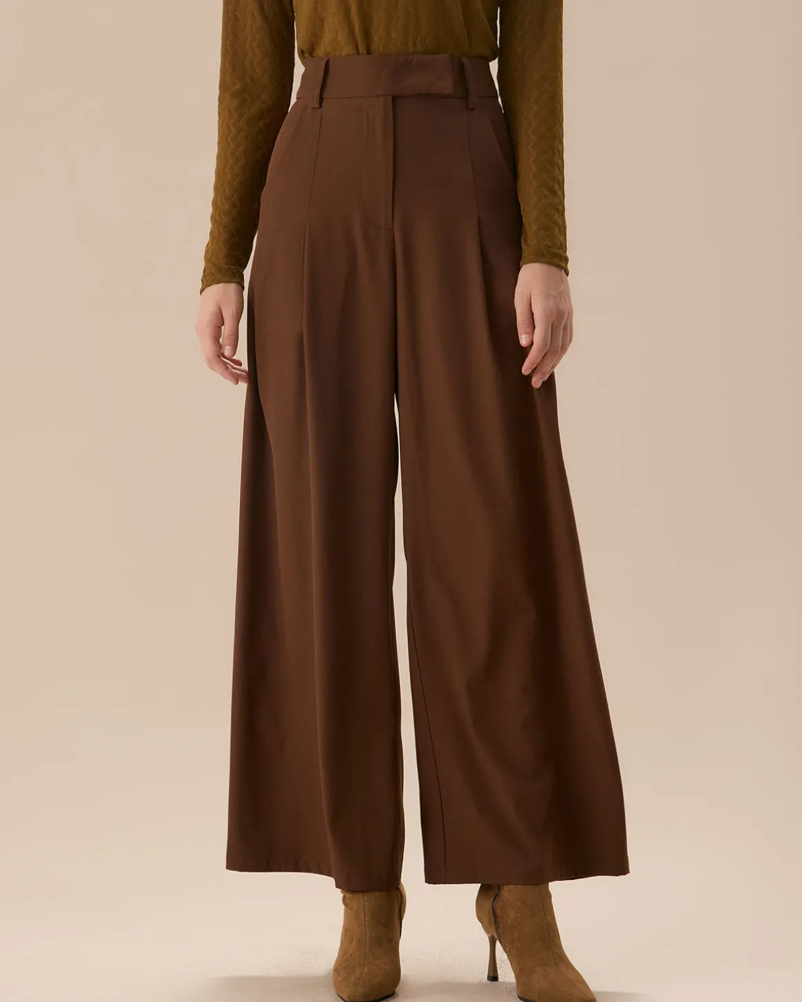 Brown High Waisted Pockets Straight Pants