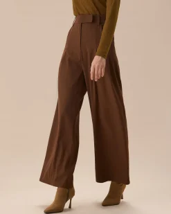 Brown High Waisted Pockets Straight Pants