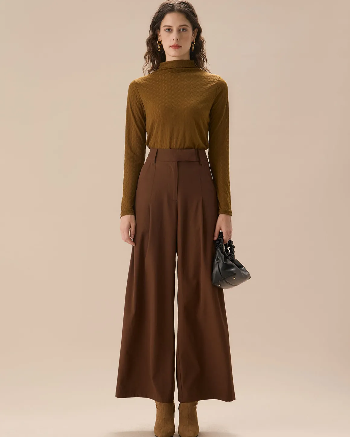 Brown High Waisted Pockets Straight Pants