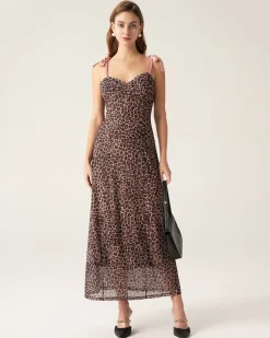Brown Leopard Sweetheart Neck Slip Maxi Dress