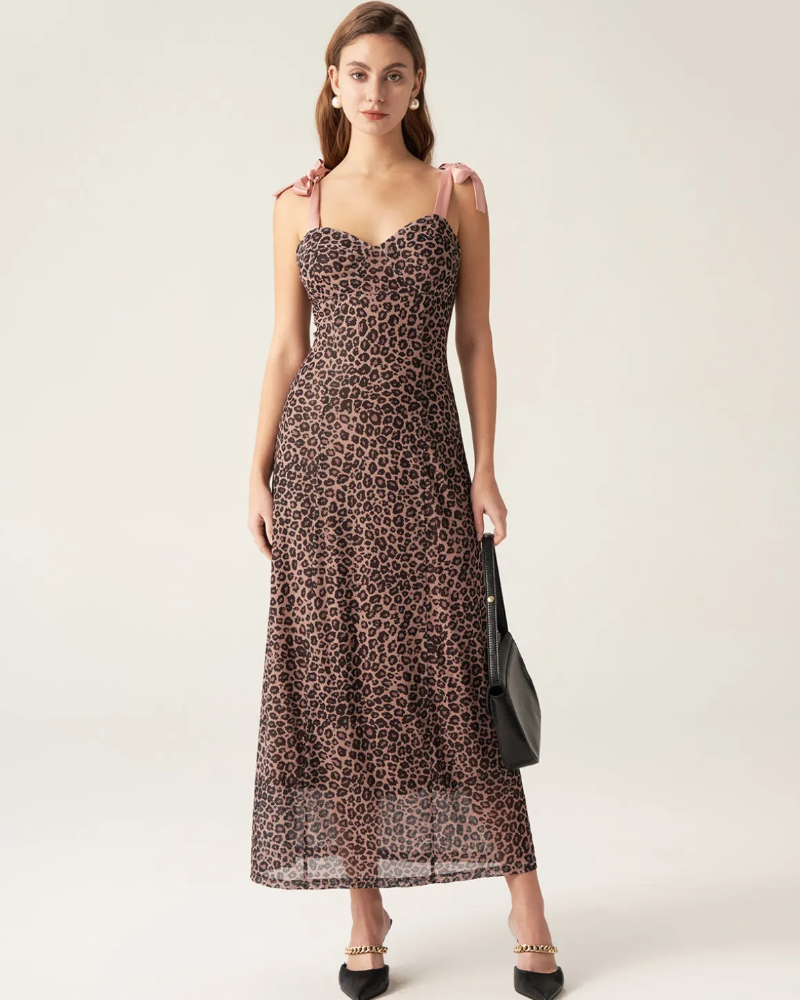 Brown Leopard Sweetheart Neck Slip Maxi Dress