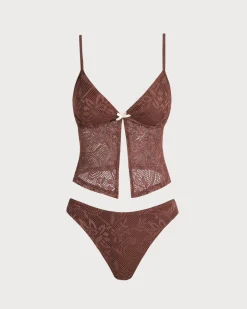 Brown Mesh Slit Tankini Swimsuit