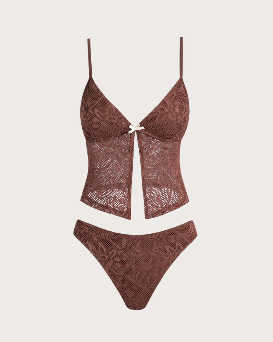 Brown Mesh Slit Tankini Swimsuit