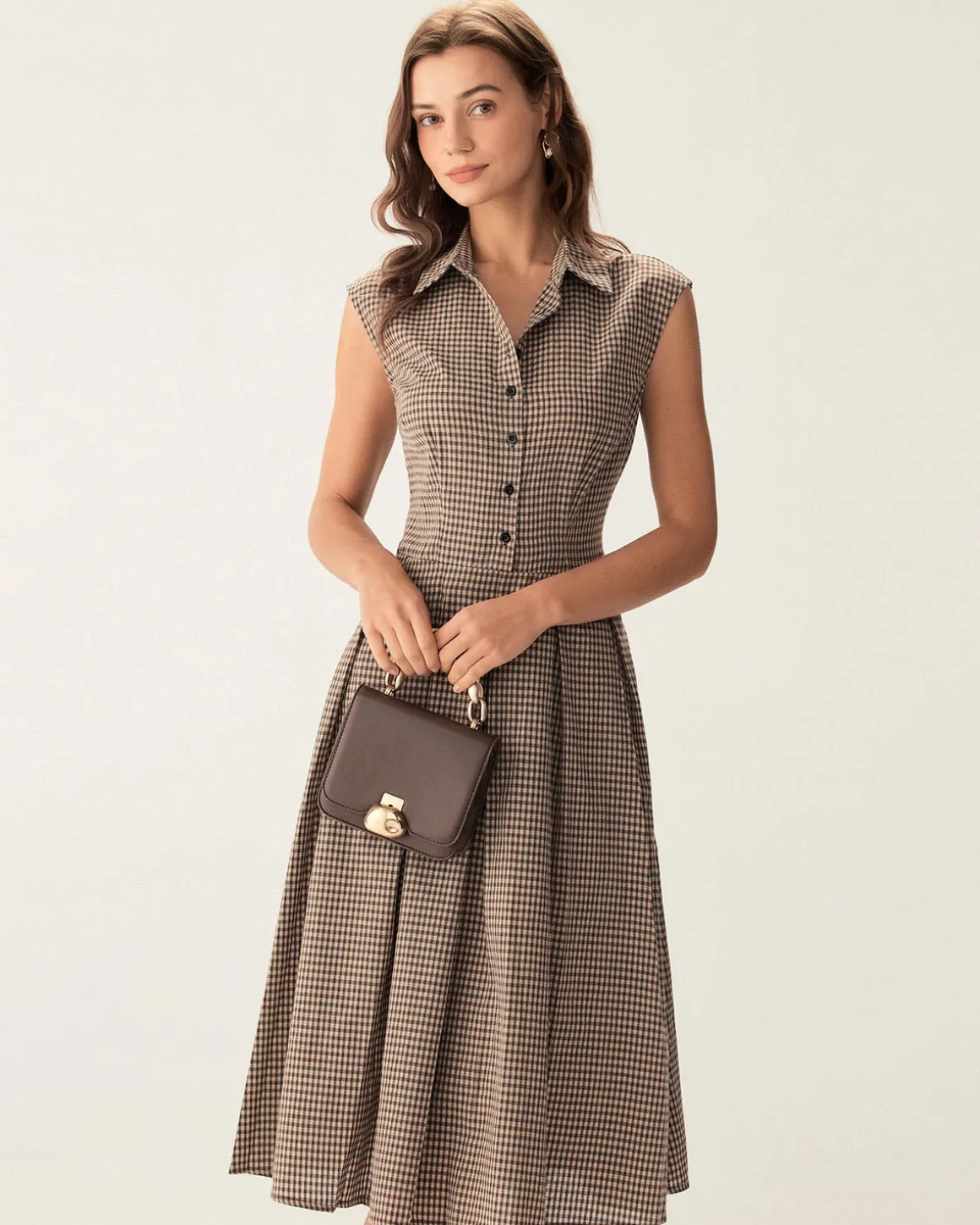 Brown Plaid Button Pleated Midi Dress