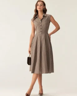 Brown Plaid Button Pleated Midi Dress