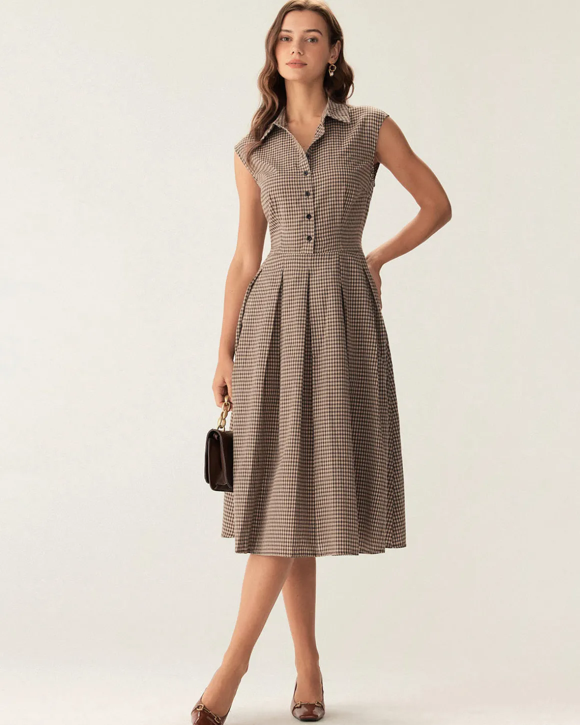 Brown Plaid Button Pleated Midi Dress