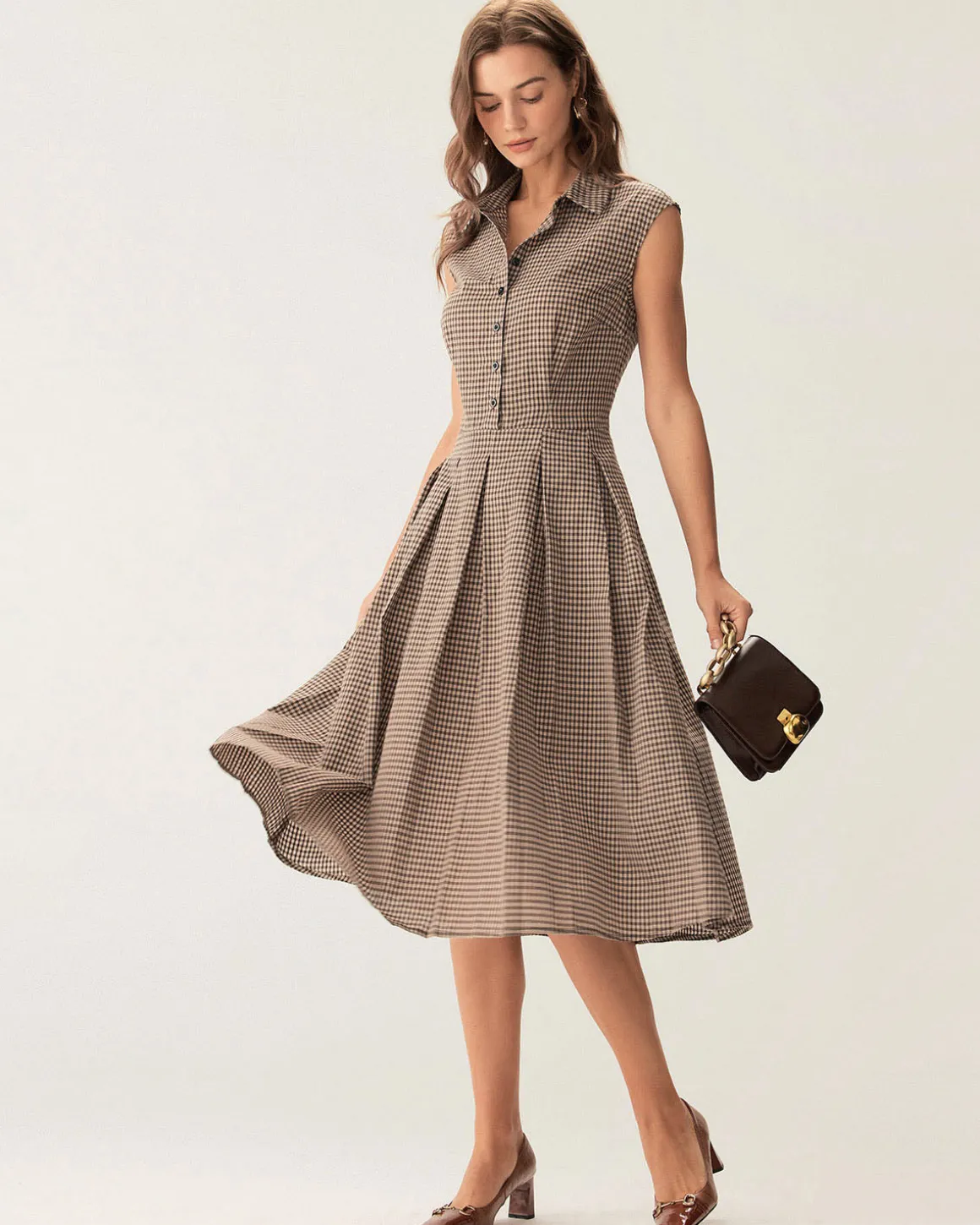 Brown Plaid Button Pleated Midi Dress