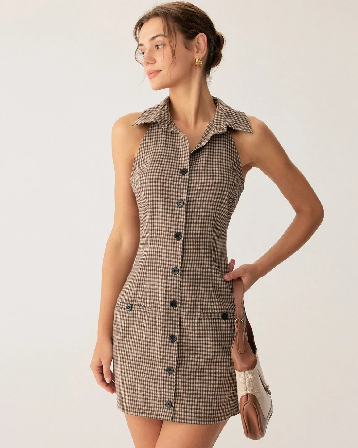 Brown Plaid Button Sleeveless Mini Dress