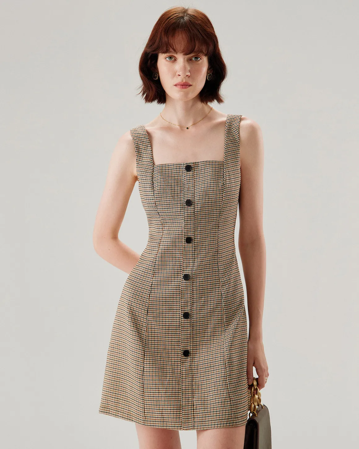 Brown Plaid Button Slip Mini Dress