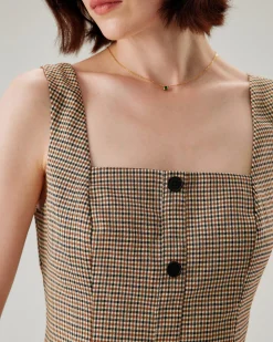 Brown Plaid Button Slip Mini Dress
