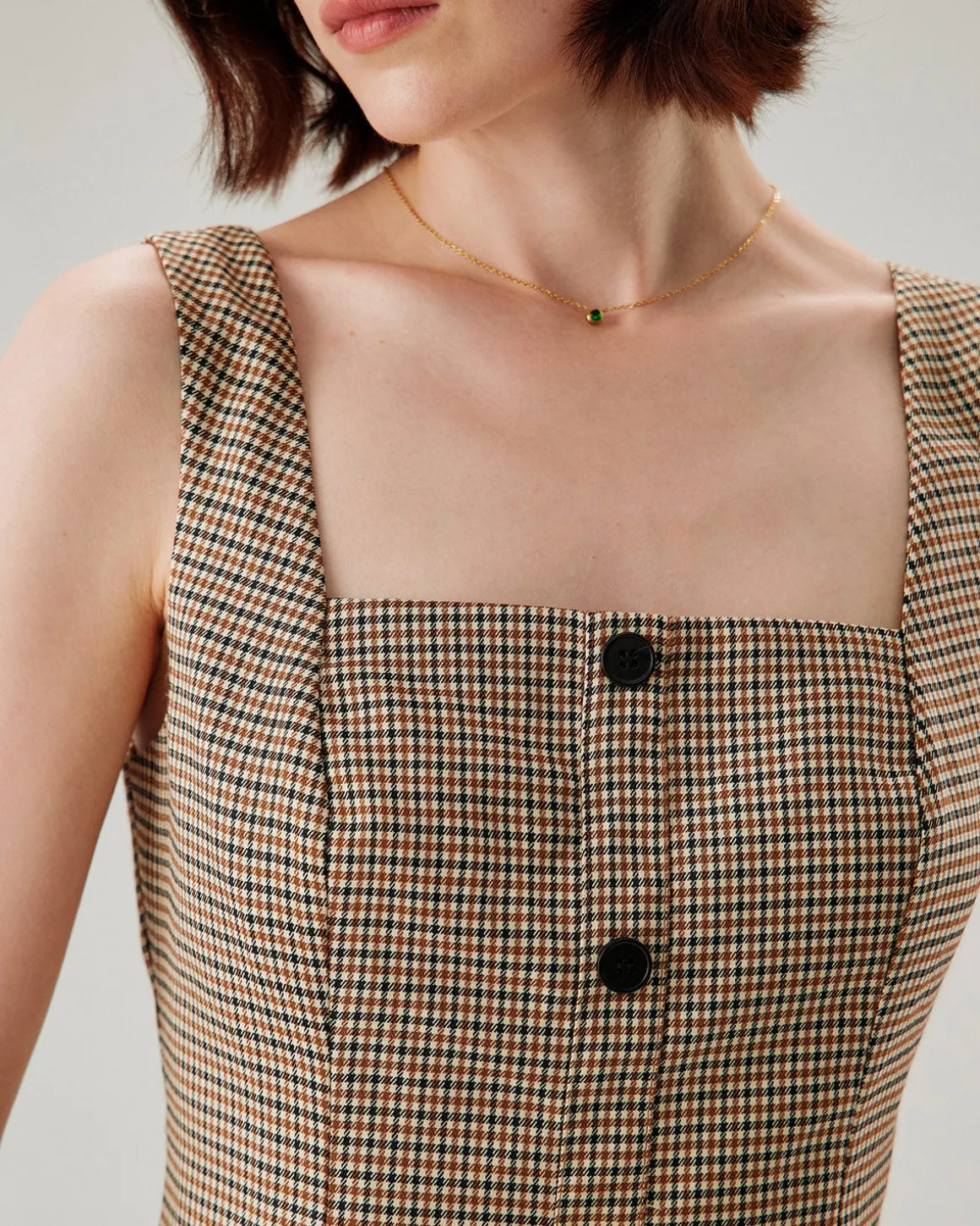 Brown Plaid Button Slip Mini Dress
