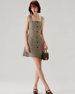 Brown Plaid Button Slip Mini Dress