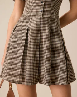 Brown Plaid Lapel Pleated Mini Dress