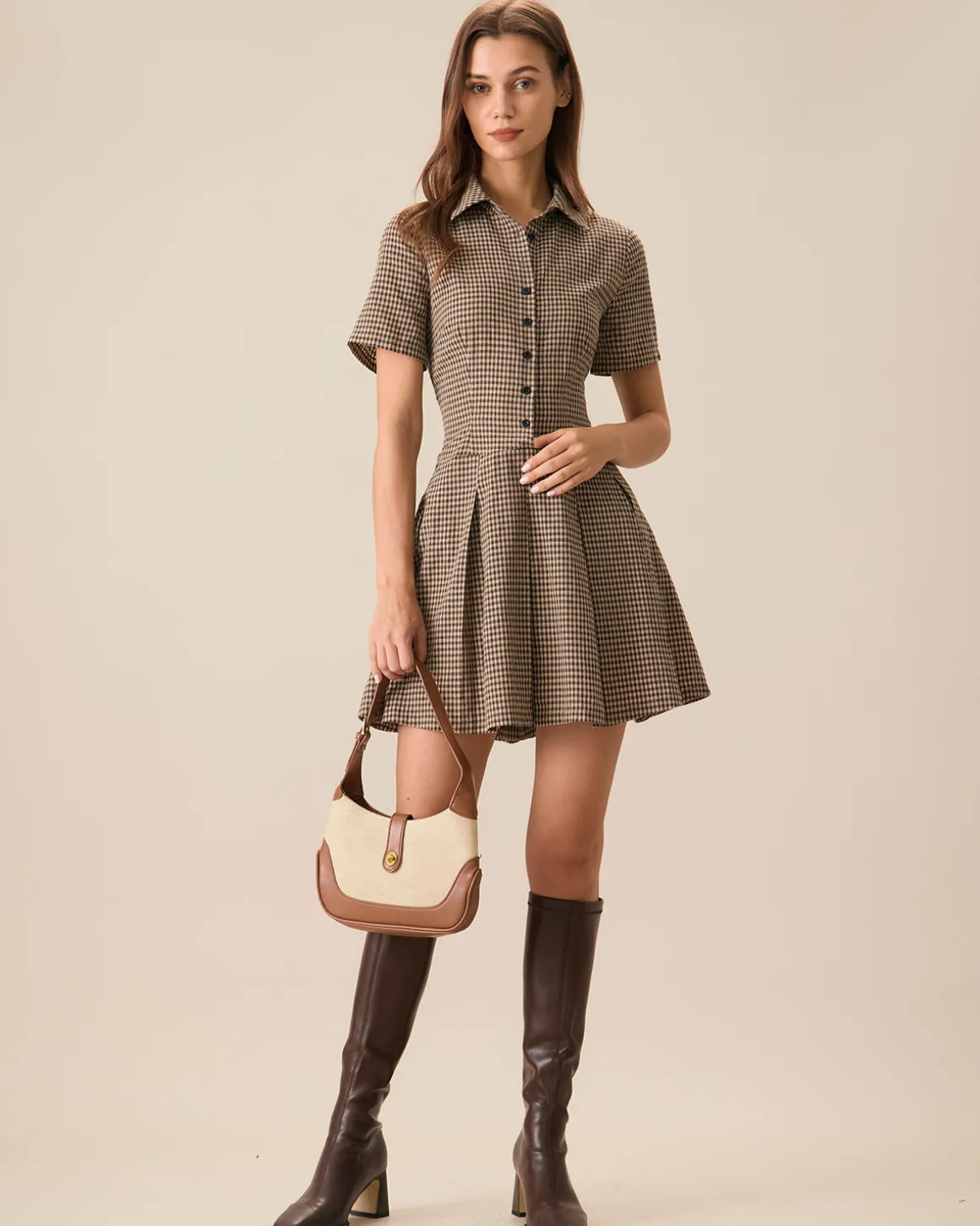 Brown Plaid Lapel Pleated Mini Dress