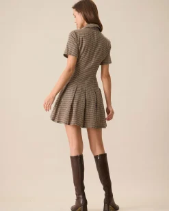 Brown Plaid Lapel Pleated Mini Dress