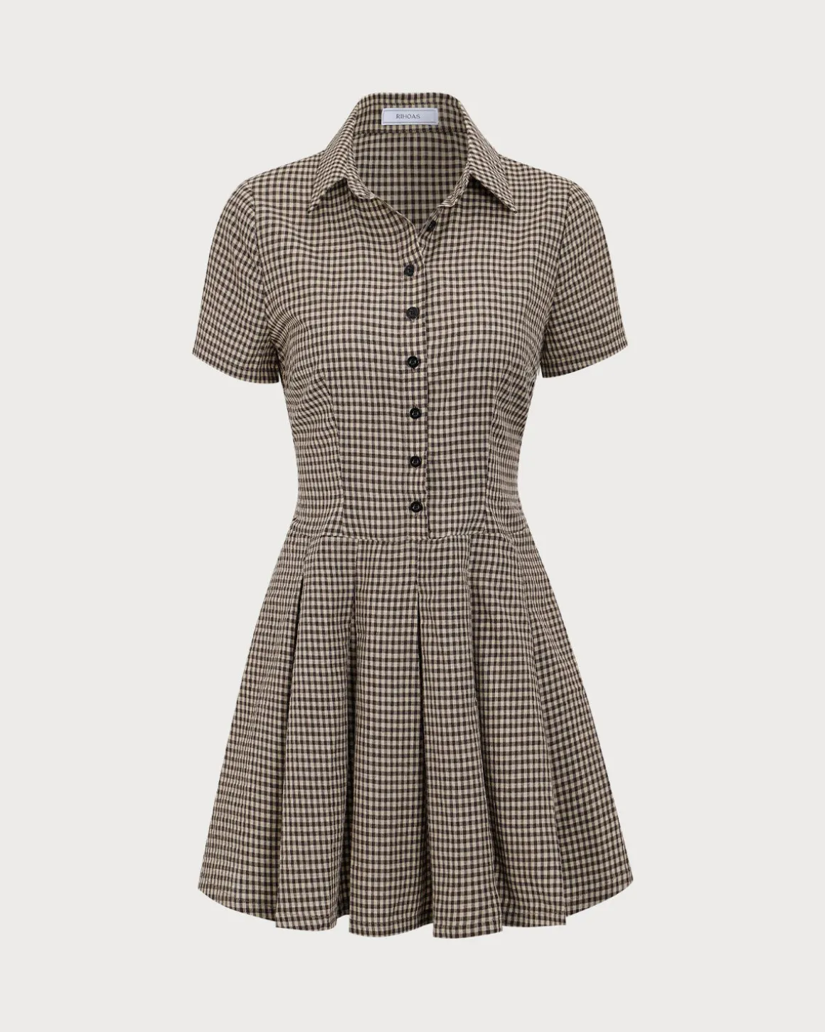 Brown Plaid Lapel Pleated Mini Dress