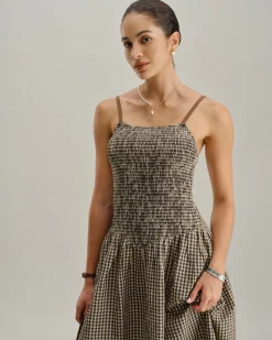Brown Plaid Shirred Slip Midi Dress