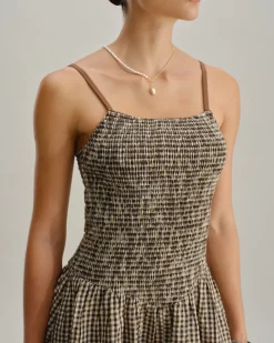 Brown Plaid Shirred Slip Midi Dress