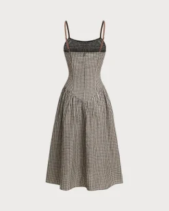 Brown Plaid Shirred Slip Midi Dress