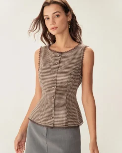 Brown Plaid Single Breasted Vest