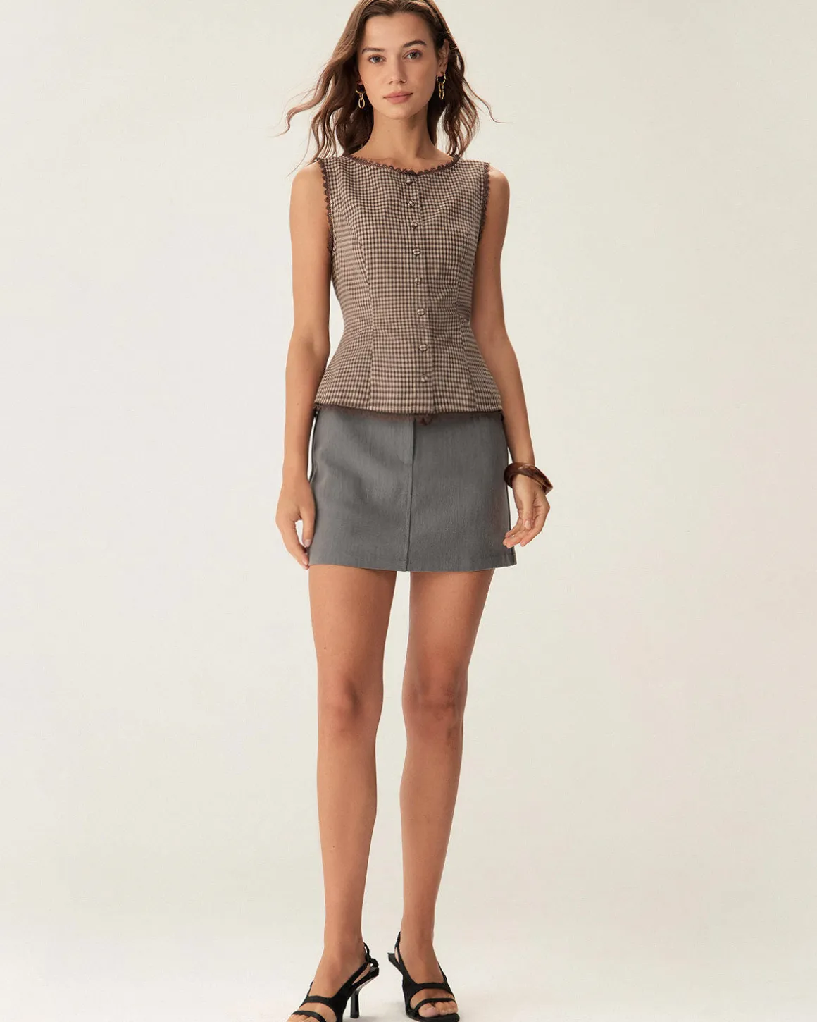 Brown Plaid Single Breasted Vest