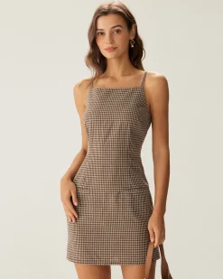 Brown Plaid Slip Mini Dress