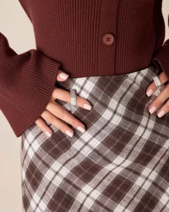 Brown Plaid Slit Satin Midi Skirt