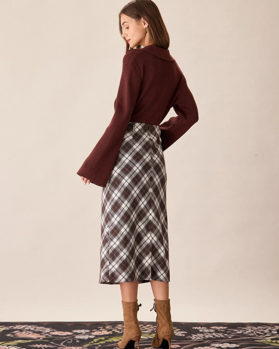 Brown Plaid Slit Satin Midi Skirt