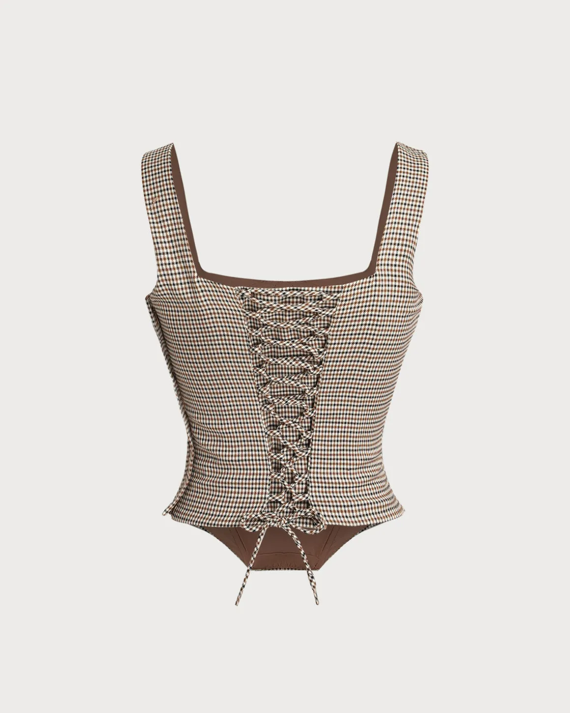 Brown Plaid Square Neck Cami Top