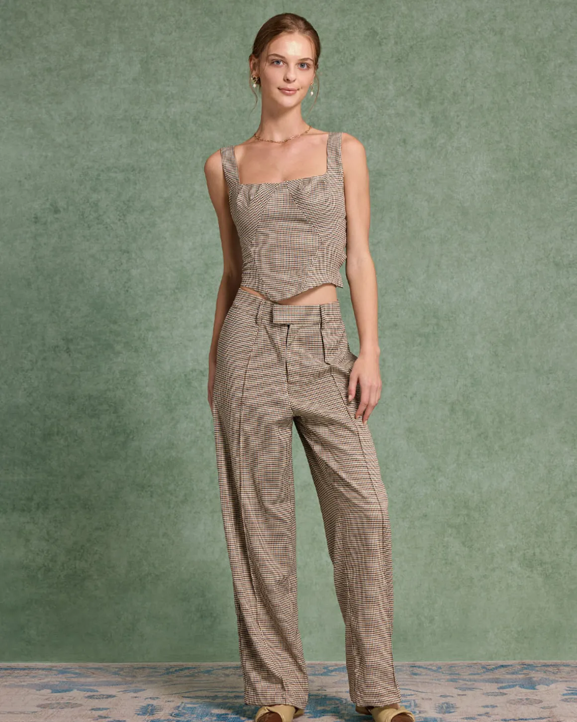 Brown Plaid Square Neck Cami Top