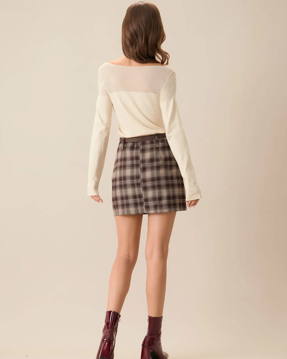 Brown Plaid Straight Mini Skirt