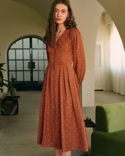 Brown Polka Dot Pleated Midi Dress