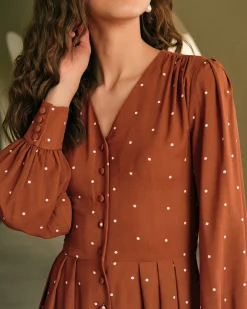 Brown Polka Dot Pleated Midi Dress