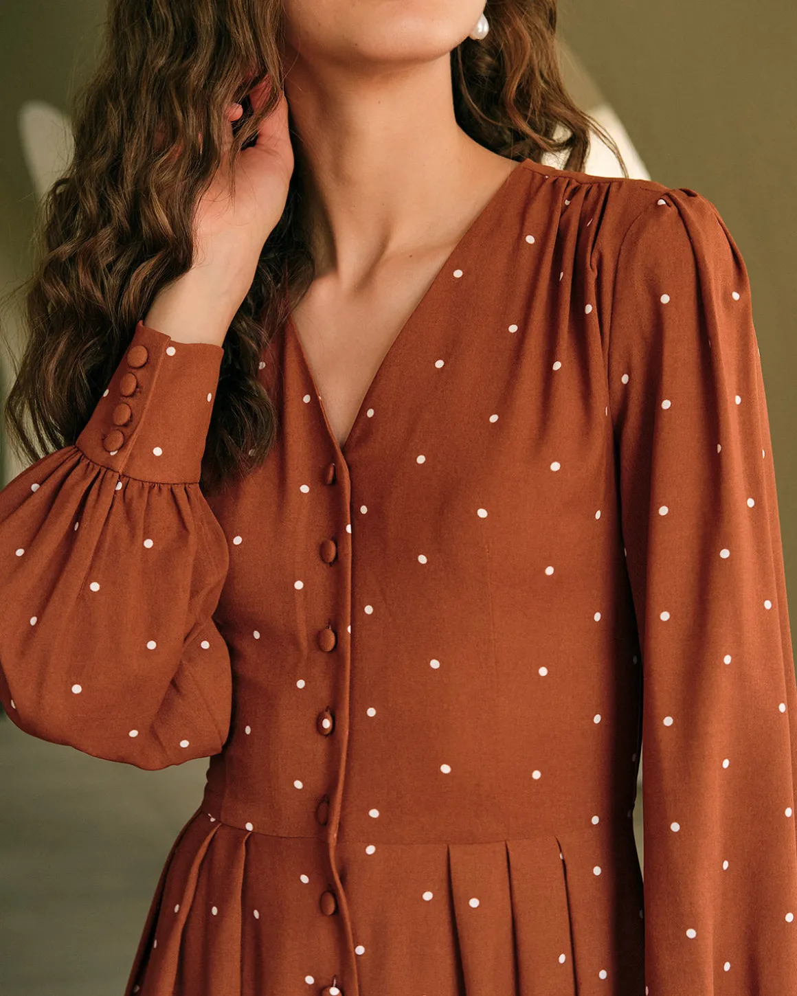 Brown Polka Dot Pleated Midi Dress