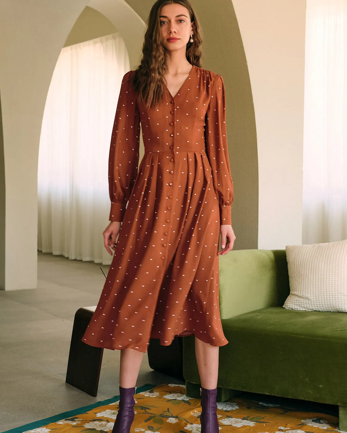 Brown Polka Dot Pleated Midi Dress
