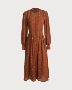 Brown Polka Dot Pleated Midi Dress