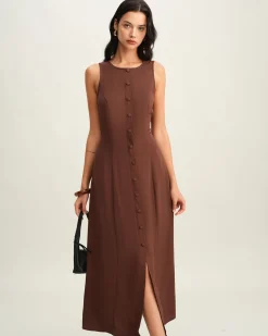 Brown Round Neck Button Sleeveless Maxi Dress
