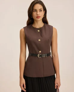 Brown Round Neck Button Vest
