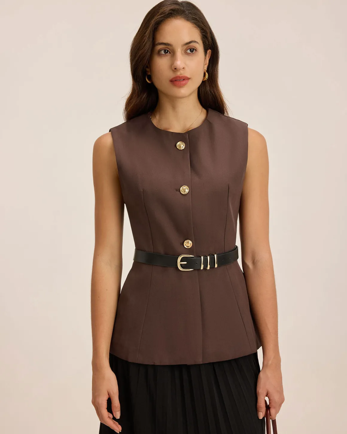 Brown Round Neck Button Vest