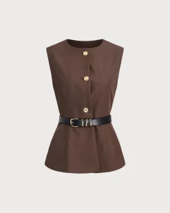 Brown Round Neck Button Vest