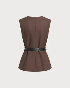 Brown Round Neck Button Vest