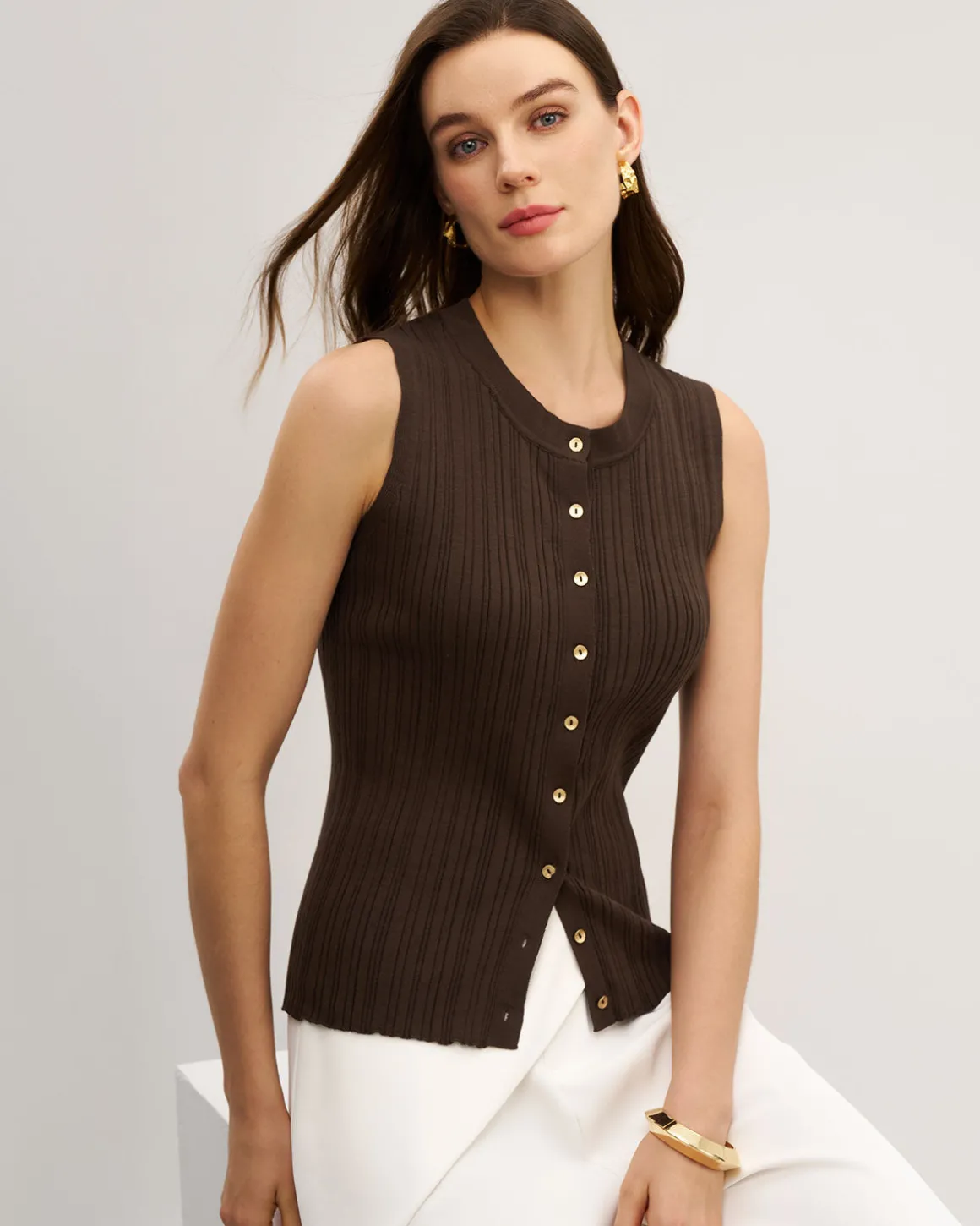 Brown Round Neck Knit Tank Top