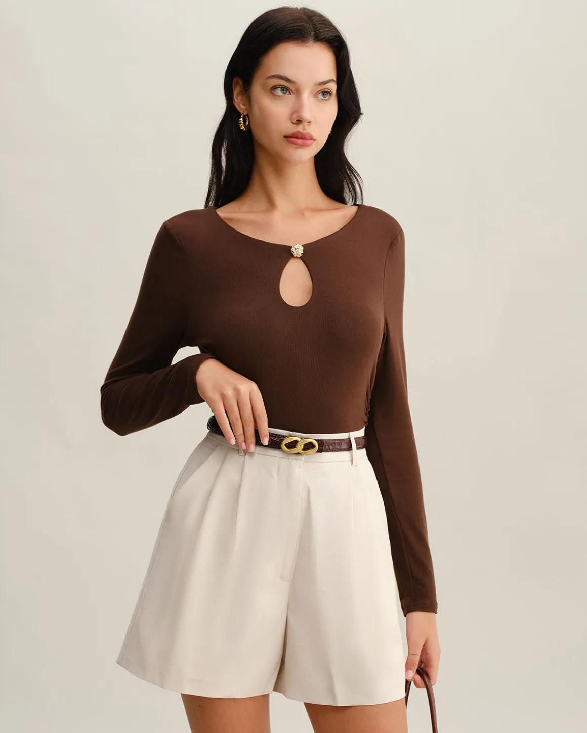 Brown Round Neck Slim Knit Tee