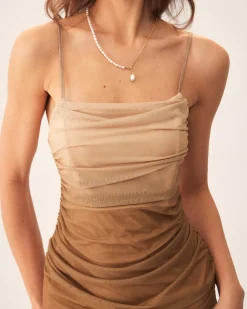 Brown Ruched Mesh Slip Midi Dress