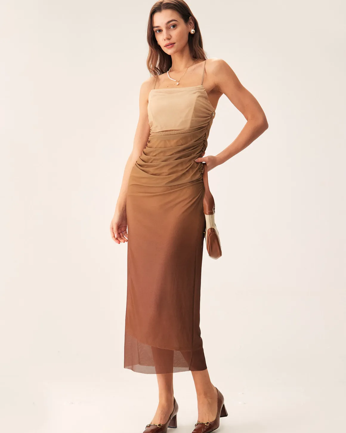 Brown Ruched Mesh Slip Midi Dress