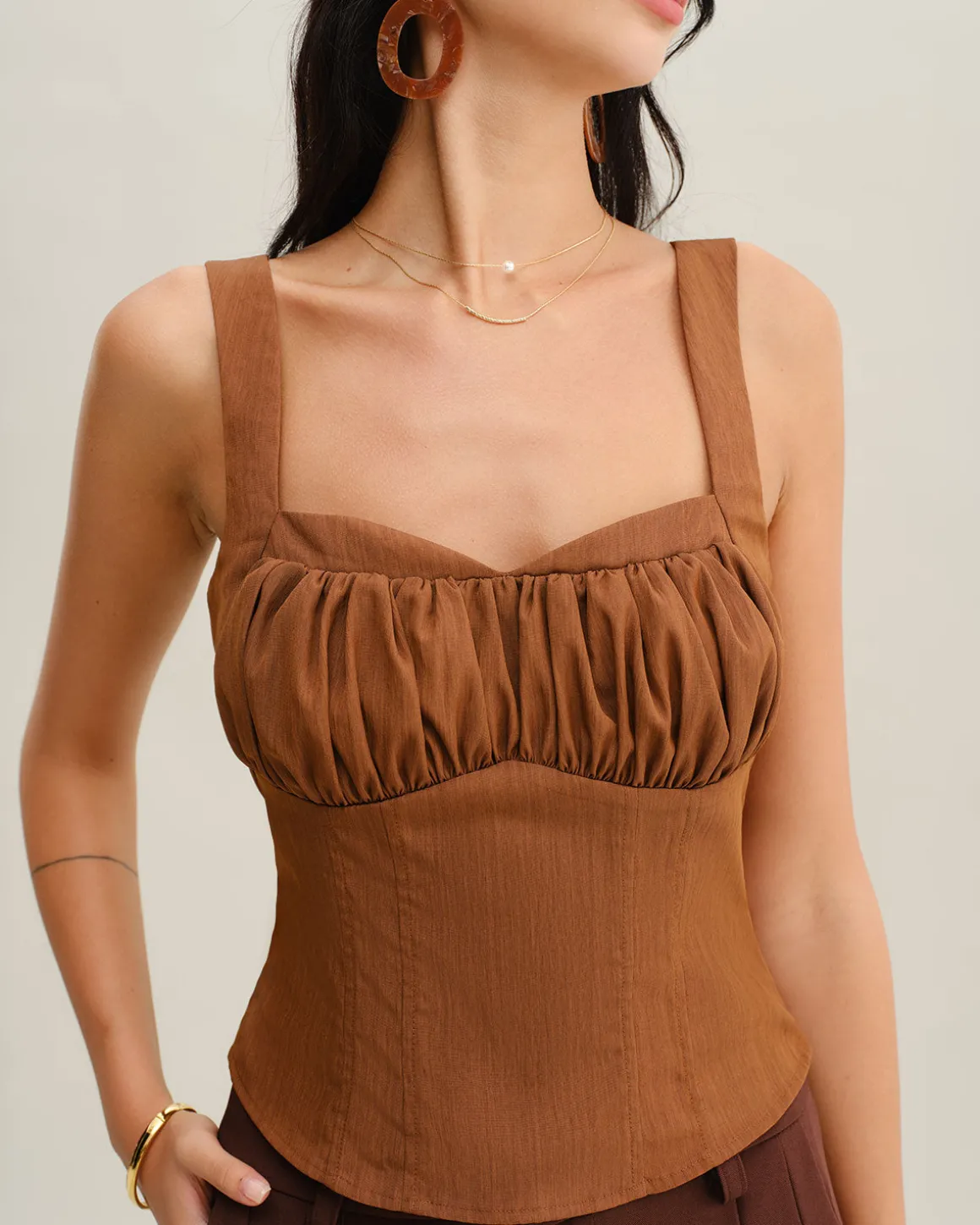 Brown Ruched Shirred Cami Top